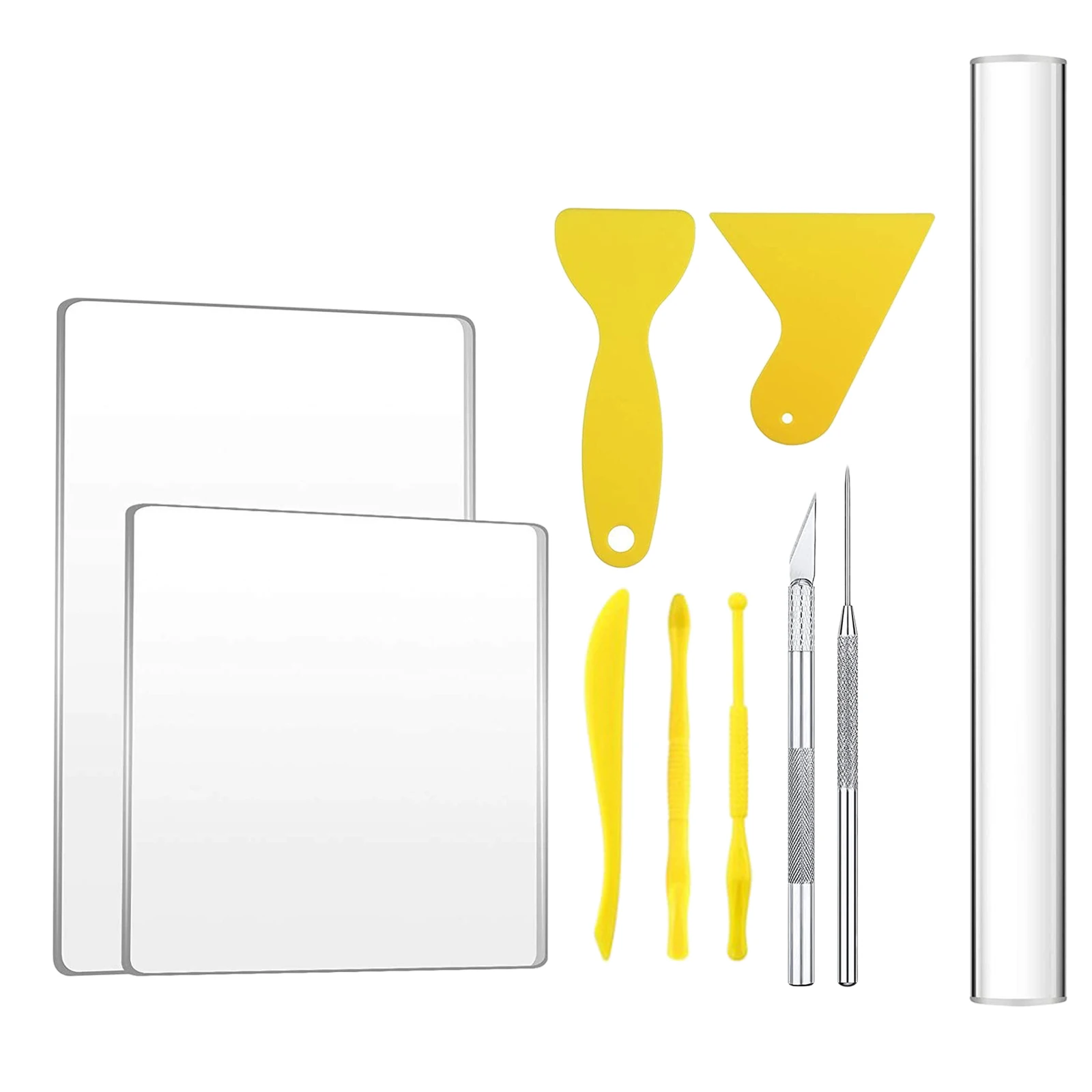 10 Pieces DIY Polymer Clay Tool, Include Acrylic Clay Roller, Acrylic Sheet, Needle, Cutter, Scraper Backing Board