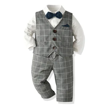 

Baby Boys Clothes Sets Spring Kids Clothes Gentleman Shirt+Vest+Pants Lattice Suit Toddler Boy Outfits For Baby Children Clothes