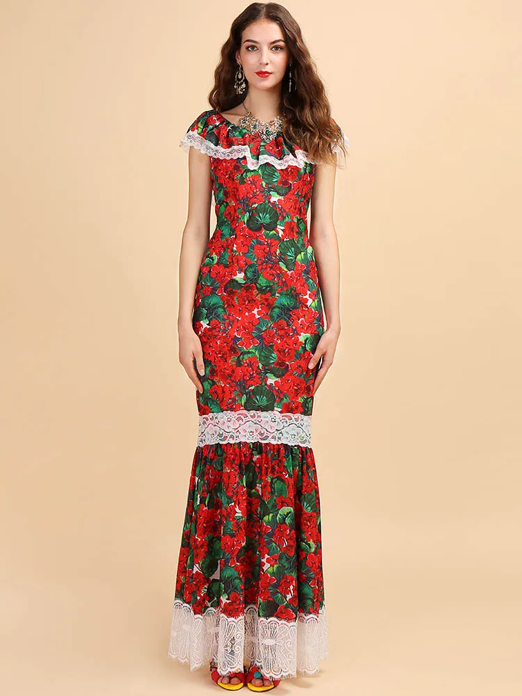 LD LINDA DELLA Fashion Runway Summer Maxi Long Dress Women's Lace Ruffles Floral Print Elegant Holiday Mermaid Party Dress Gown