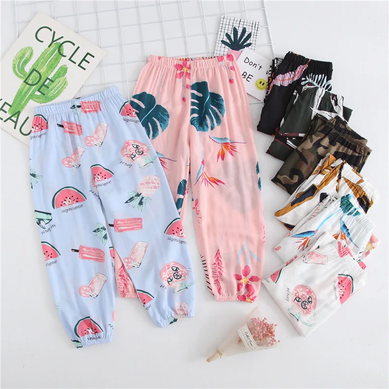 

New Children Summer Sleeping Pants Baby Girl Clothes Thin Mosquito-proof Viscose Home Pants Casual Printing Family Pajamas