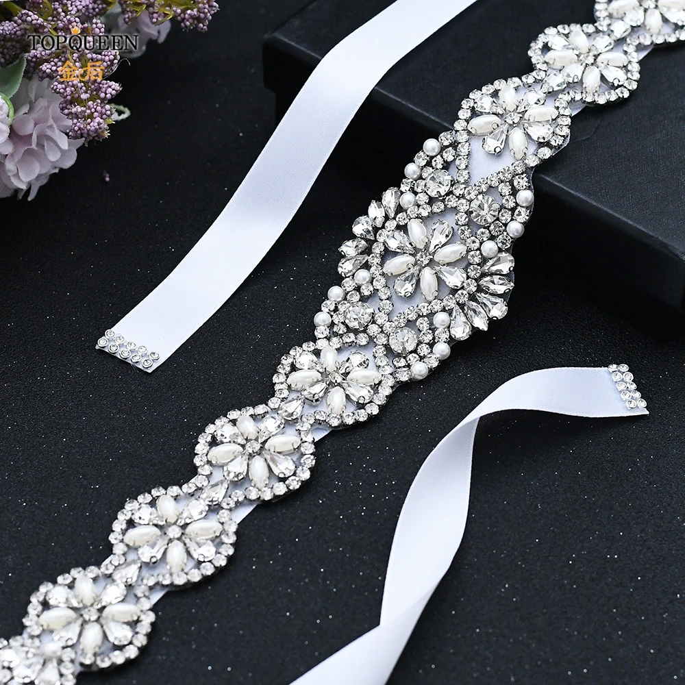 TOPQUEEN S161 Bridal Belts Wedding Women Jewelry Silver Rhinestone Pearl Crystal for Sparkly Party Formal Dress Diamond Sash