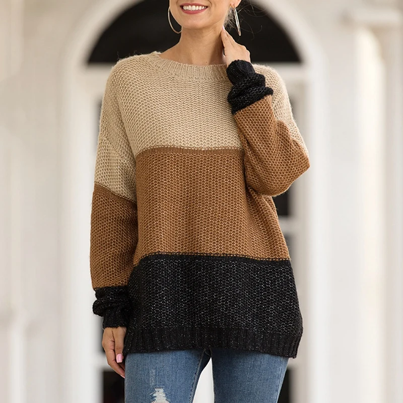 Модный пуловер в полоску с цветными блоками женский толстый свитер Дикий