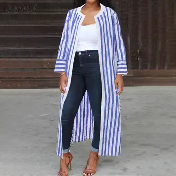 

ZANZEA Women Stripe Printed Long Cardigan 2020 Tops Blusas Fashion Ladies Casual Side Split Long Shirts Tunic Chemiser Mujer 5XL