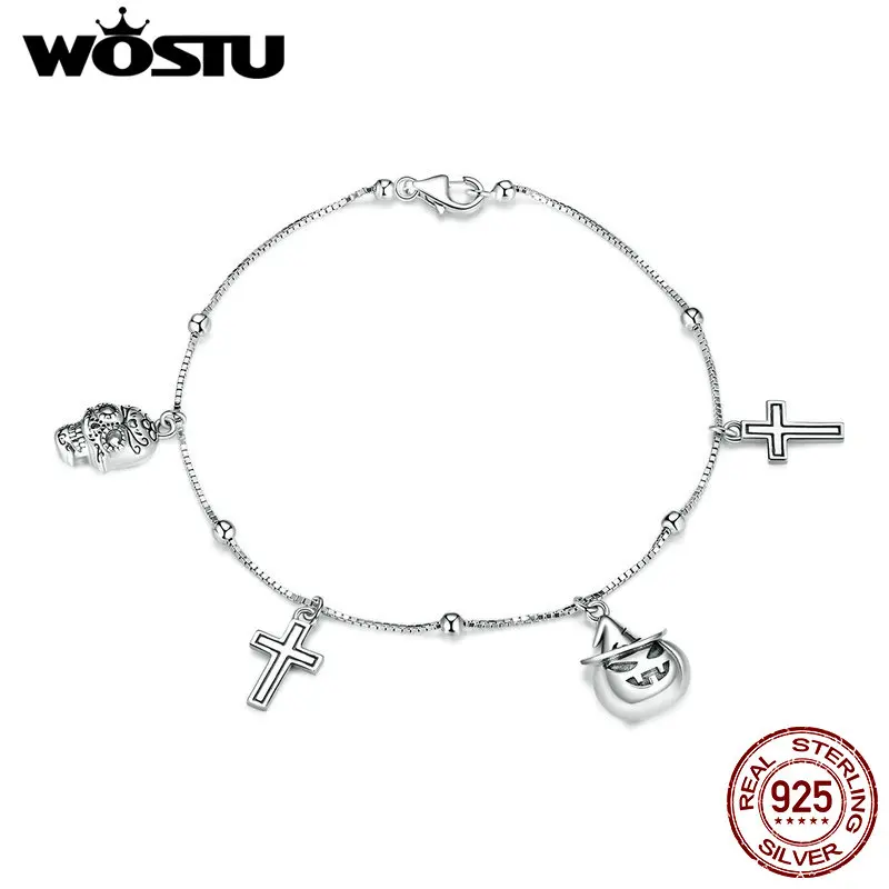 

WOSTU Skull Ghost Bracelets Real 925 Sterling Silver Halloween Cross Chain Link Original Bracelet For Women Party Jewelry CTB051