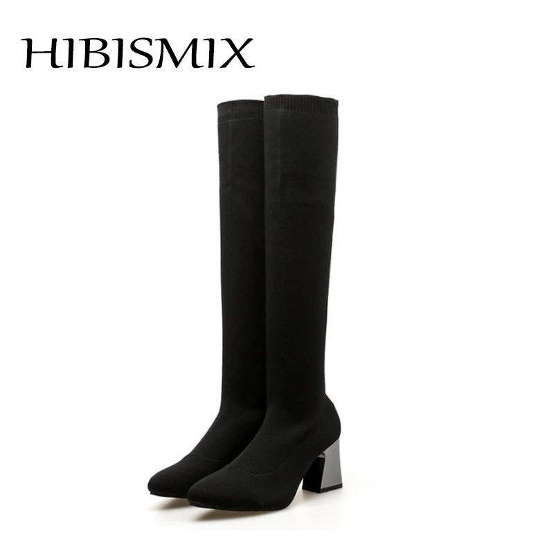 HIBISMIX/черные женские ботфорты; эластичная ткань; ботинки на высоком каблуке с острым носком; женская обувь; 1356