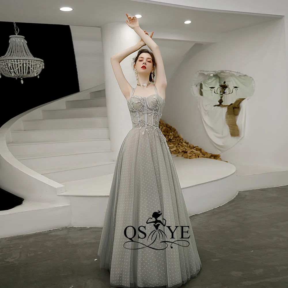 QSYYE2019 милое длинное платье для выпускного вечера из тюля милое на тонких бретельках украшенное бисером с длиной до пола вечернее платье вечерние платья