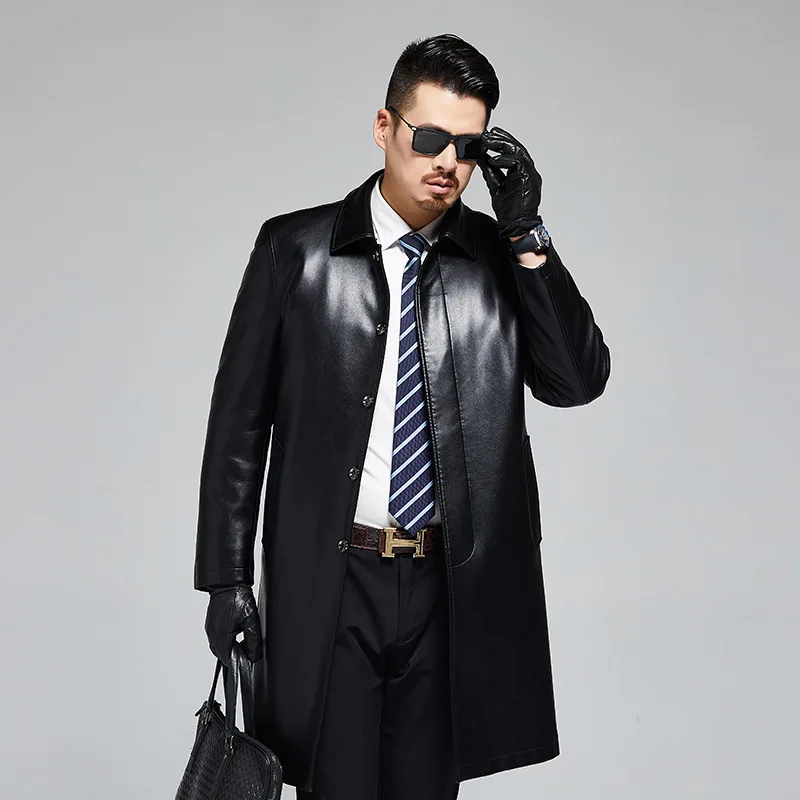 

1919 New Fashion Winter Clothing Men's Leather Fur Overcoat Real Fox Fur Collar Long Rex Rabbit Fur Mens Trench Coat