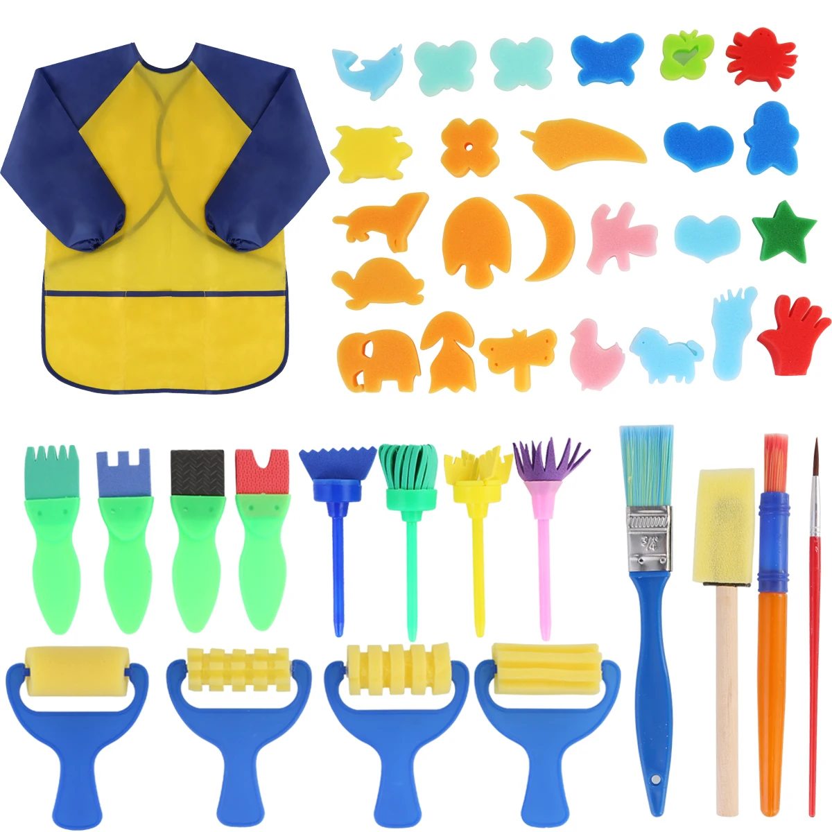 

42pcs Kids Sponge Painting Brush Set With Waterproof Apron Child Early Arts Learning Washable Reusable Drawing Brushes