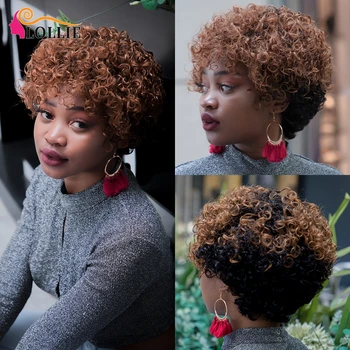 

Lollie Short Curly Human Hair Wigs Soft Indian Remy Hair Ombre Human Hair Wig Curly Black & Honey Brown Mix Color Hair Free Ship