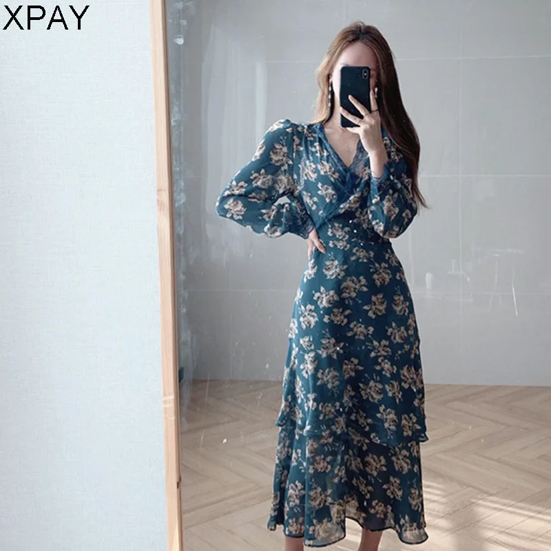 

2020 Spring Full Sleeve Lace-Up Waist A-Line Dress Female Elegant Lace V-Neck Floral Print Women Dress Chiffon Vestidos Femme