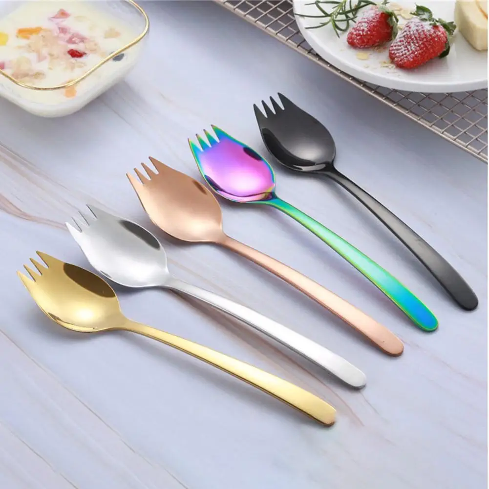 2 in1 Stainless Steel Sporks Soup Spoon Fork for Salad Noodle Tableware Portable 