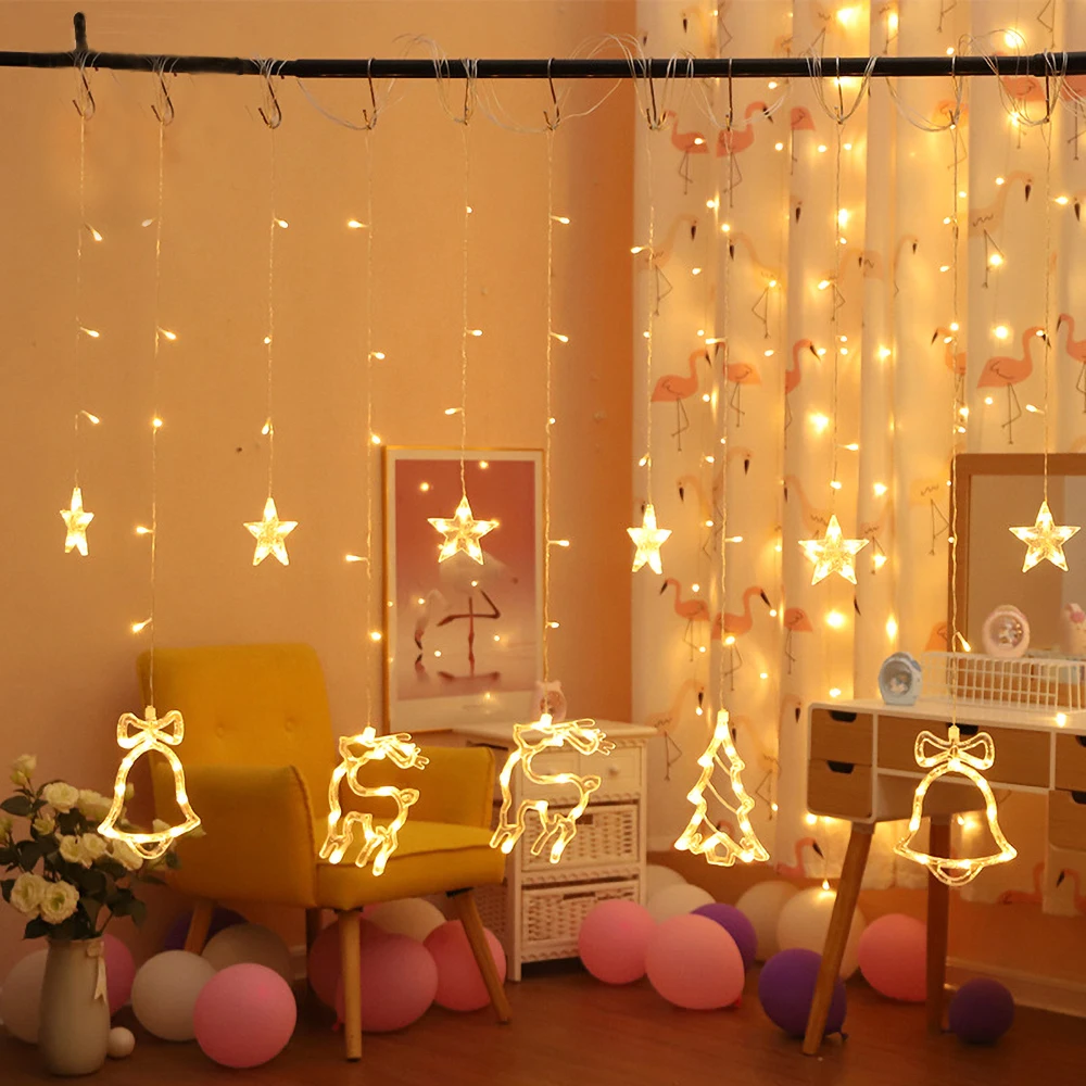 

LED Garlands Curtain String Light 2.5M EU/US Plug Christmas Tree/Elk/Star Fairy Lights Outdoor For Wedding Party New Year Decor