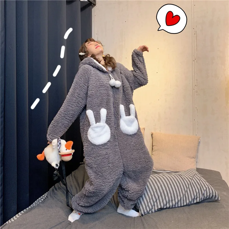 Inverno quente xadrez imprimir onesies para as mulheres grosso de pelúcia  manga longa com capuz macacão pijamas casual macacão pijamas mujer -  AliExpress