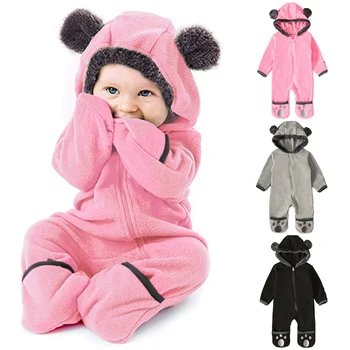 

Skin-friendly Infant Jumpsuit Winter Newborn Long Sleeve Cartoon Bear Splicing Oblique Zipper Hooded Warm Thicken Casual Clothes