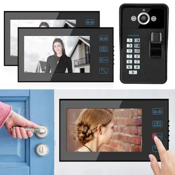 

7in Fingerprint RFID Wired Doorbell Password Video Intercom 2 Monitor Wired Doorbell Access System100-240V smart doorbell