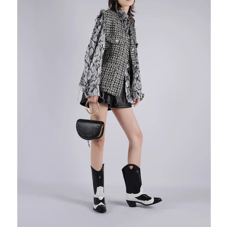 winter chunky high heels western cowboy mid-calf boots women lace up hollow butterfly patchwork large size Bohemian shoes female