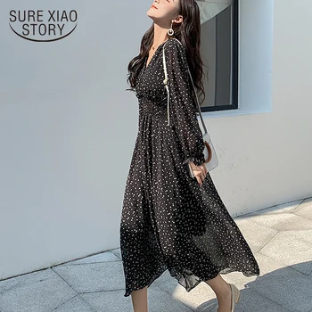 

Sexy Dress Korean Style Chiffon Dress Women Autumn Long-sleeved Mid-calf Dress Elastic Waist Dresses Polka Dot Dresses 7146 50
