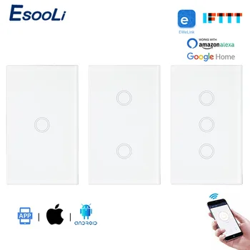 

EsooLi Luxury Crystal Panel US Standard WIFI Touch Switch Ewelink APP Smart Home Automation 1/2/3 Gang Switch Null and Fire Line