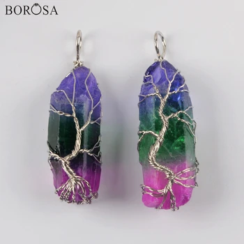 

BOROSA Irregular Rainbow Quartz Pendant Crystal Necklace Jewelry Findings Wire Wrapped Silver Plated Necklace Pendant WX1362
