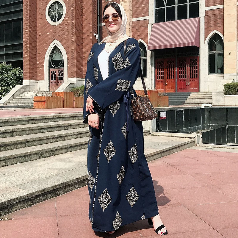 Siskakia модное мусульманское женское Открытое платье абайя винтажный этнический кардиган с вышивкой халаты Осенняя зимняя верхняя одежда с тонким поясом - Цвет: Navy blue dress
