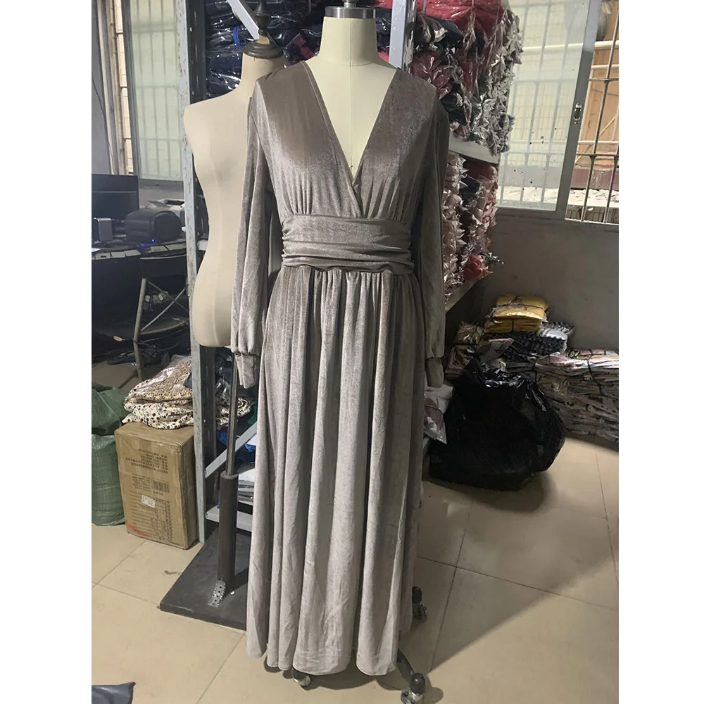 M~ 5XL Золотое женское вечернее платье с v-образным вырезом и рукавами-фонариками, Клубное платье с высокой талией, Vestidos размера плюс, длинное женское Платье макси с разрезом, Новинка