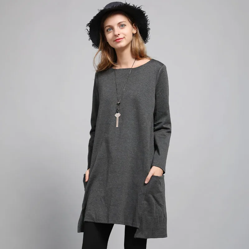 

2019 Autumn Europe And America New Style Long-sleeved Dress Fat Mm Large Size Irregular Solid Color Loose-Fit Slimming WOMEN'S D