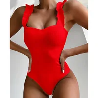 Gossina 2021 New Sexy Female Swimsuit Vintage One Piece Ruffled Push Up Solid Red Swimwear Women Monokini Padded Bathing Suits 1