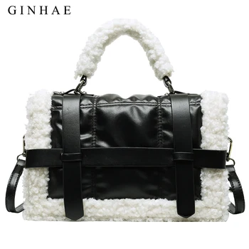 

Plaid Women Tote Bag Lambswool Patchwork Shoulder Leather Handbag Vintage Female Messenger Bag Travel Top Handle Crossbody Bag