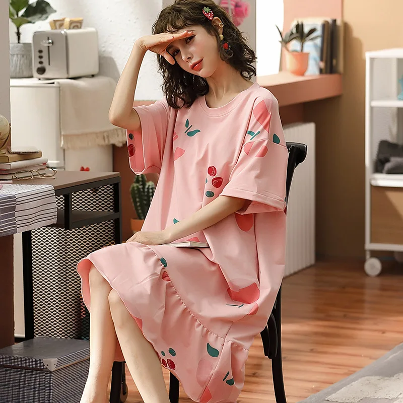 

New Cute Nightdress Women Cotton Thin Cartoon Sleepdress Homewear Nightwear Ladies Short Sleeve Knitted Nighties Nightgown Girl