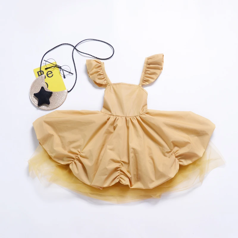 Платье для девочек; платье из гренадина с подтяжками; платье принцессы; желтое платье с драпировкой; парадная серия; праздничное платье; вечернее платье