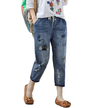 

2020 Vintage Women Ripped Denim Jeans Autumn Winter Trousers Elastic High Waist Lace Cropped Jeans Streetwaer Women Jeans