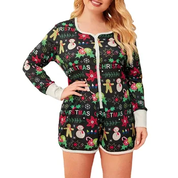 

2020 New Women's Pajamas Romper Christmas Snowmen Printed Long Sleeve Loose Night Clothes Buttons Sleeping Wear Xmas