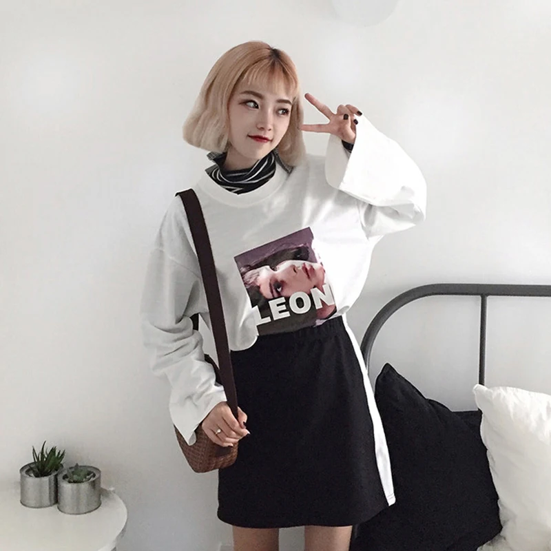Красивая странная одежда для девочек в стиле хип-хоп; осенняя одежда в Корейском стиле; свободная Осенняя футболка с длинными рукавами для женщин