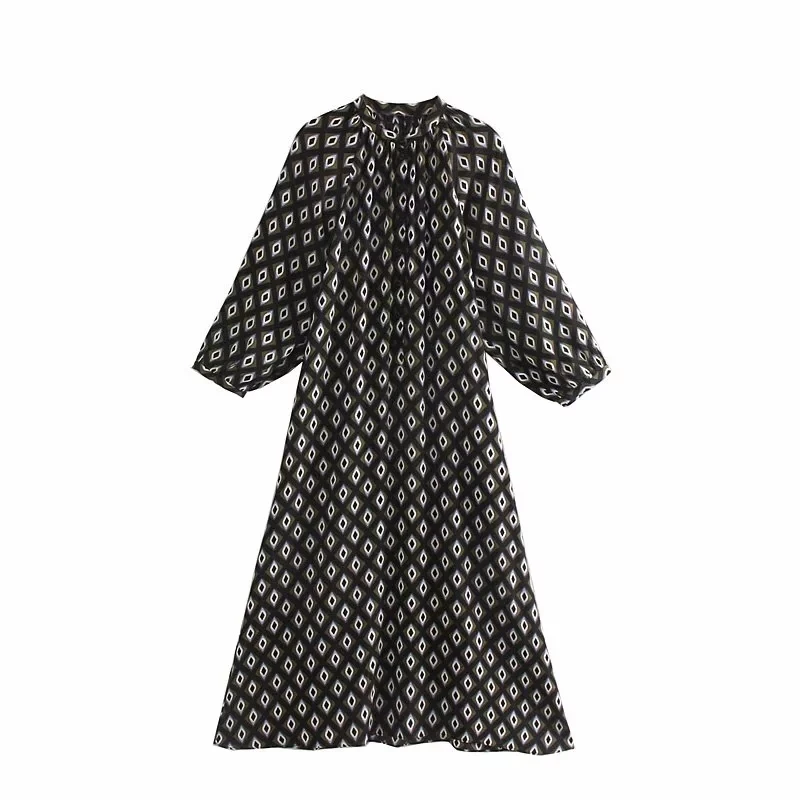 

Geometric Printing Stand Collar Women Midi Dress 2019 Autumn Leisure Lady Lantern Sleeve Loose Dresses D3633