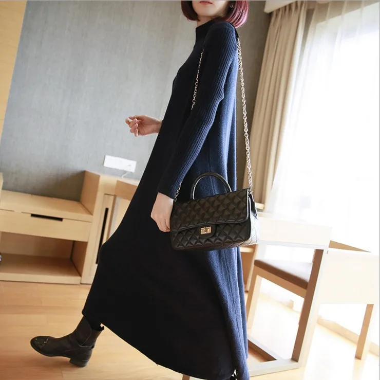 Тёмно-синий BKMGC Women Turtleneck Knitted Sweater Dress Autumn Winter Elegant Elastic Long Sleeve Thick Pullover Loose Long Warm Dress - Цвет: Тёмно-синий