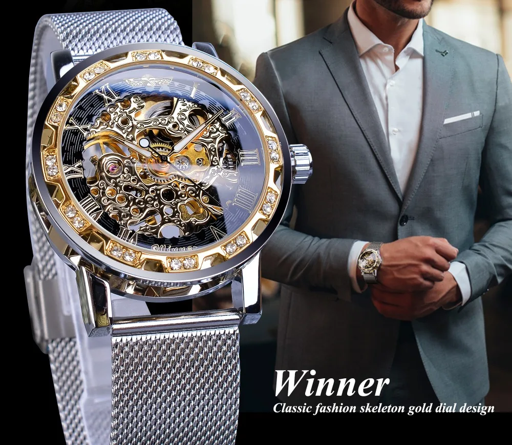 Winner модные деловые механические часы для мужчин, стразы, золотой скелет, нержавеющая сталь, сетчатый ремешок, мужские часы, Relogio Masculino