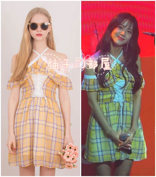 Женское платье в клетку желтое без бретелек с оборками Корейском стиле | Женская