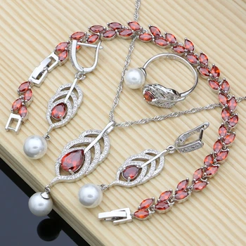 

Bridal Pearls Jewelry Sets Natural Red Zircon 925 Silver Women Wedding Earrings Adjustable Ring Bracelets Necklace Set