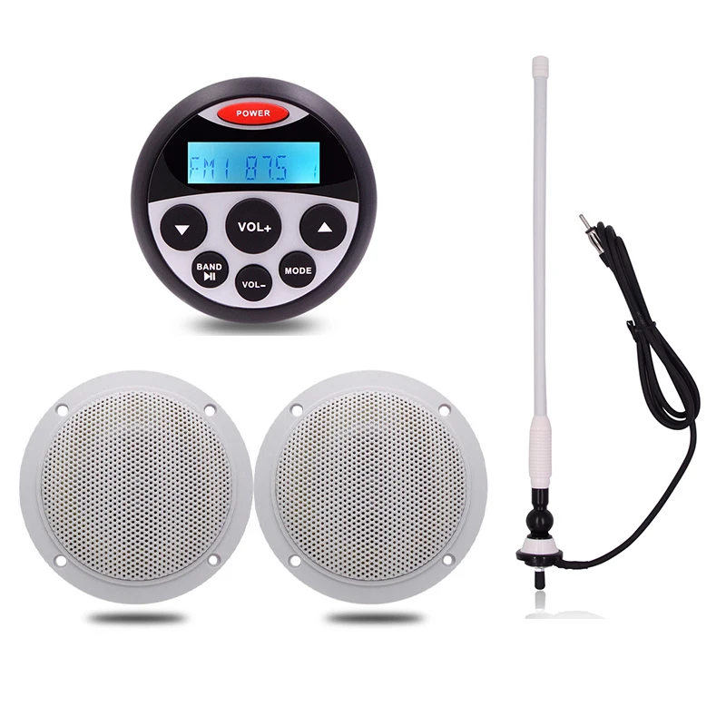 Waterproof Marine Bluetooth Radio Stereo Audio Player + 1 Pair 4" Marine Speakers For ATV Boat Golf Cart Motorcycle + FM AM Antenna