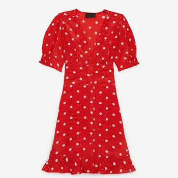 

Women Dress 2020 Spring and Summer New Short-sleeved V-neck Dot Print Lotus Leaf Dress Women