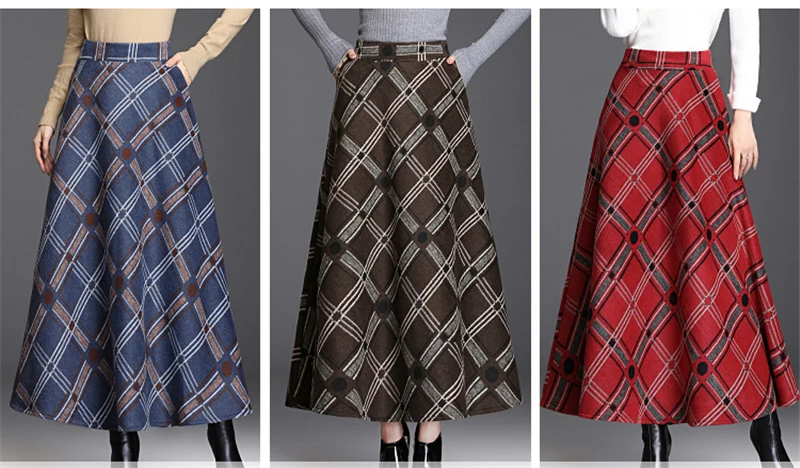 Faldas mujer moda, длинная клетчатая юбка макси, Женская осенне-зимняя юбка, Женская винтажная шерстяная юбка трапециевидной формы с завышенной талией размера плюс 3XL