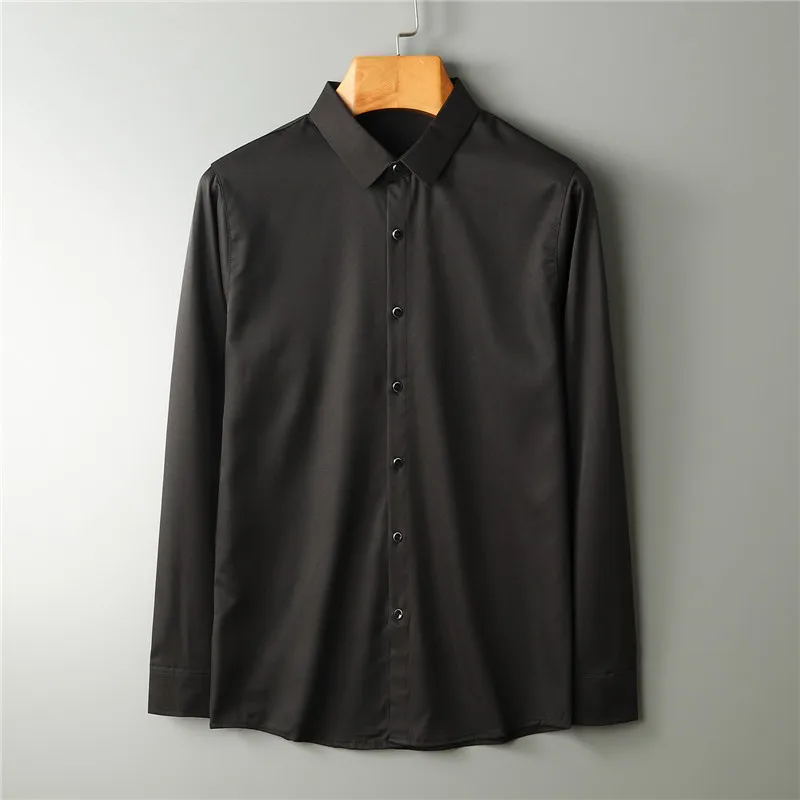 Черный Autumn Long Sleeve Casual Business Boys Silk Shirt Slim Fit Thin Social Men Purple Shirt Male Formal Oversized Button Shirt Top - Цвет: Черный