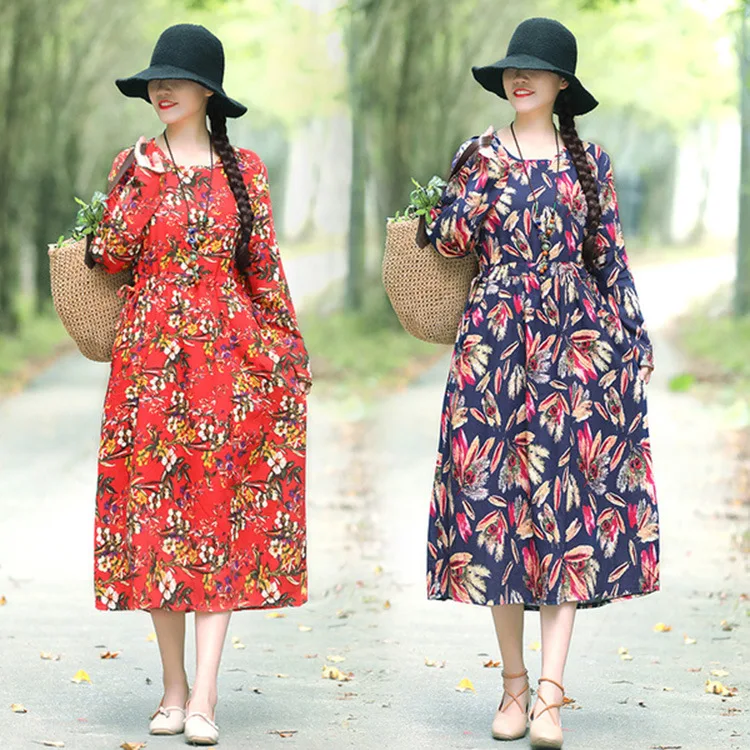 

Literature And Art Retro Cotton Linen Large Size Dress 2018 Autumn And Winter Mid-length Elastic Waist Base Floral-Print Long-sl