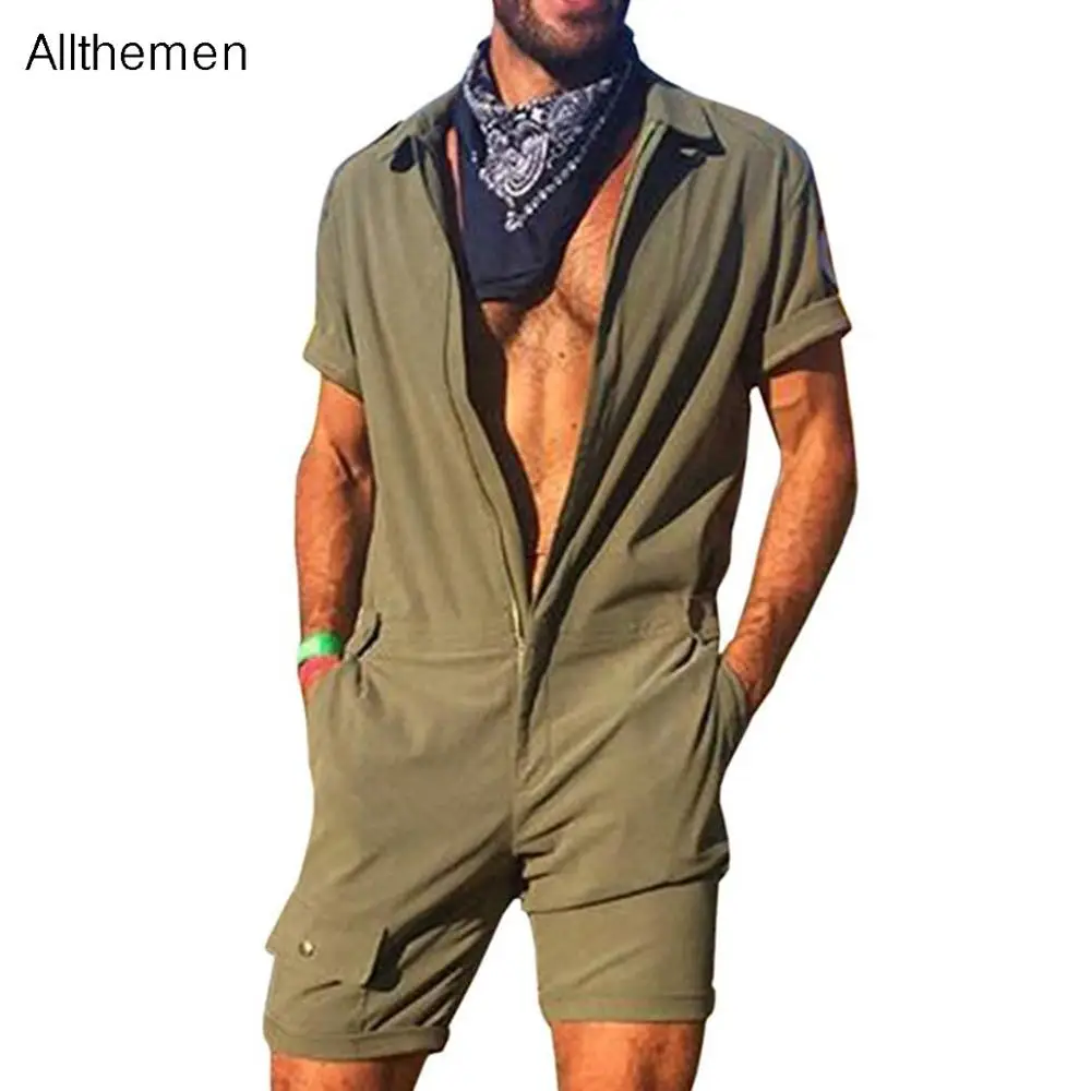 

Allthemen Men Cotton Jumpsuit Mens Overalls Casual Short Sleeve Rompers Tracksuit Pocket Solid Color Romper Joggers Streetwear