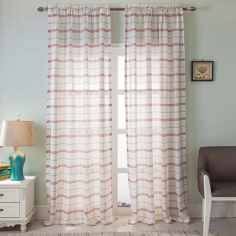 

Modern European and American Style Linen Yarn-dyed Lattice Curtain Window Screen Curtain Living Dining Room Bedroom.