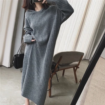 

Yocalor Loose Thick Long Coarse Warm Sweater Dress Women Spring Winter Female Casual Loose Knit Straight Hooded Sweater Dress