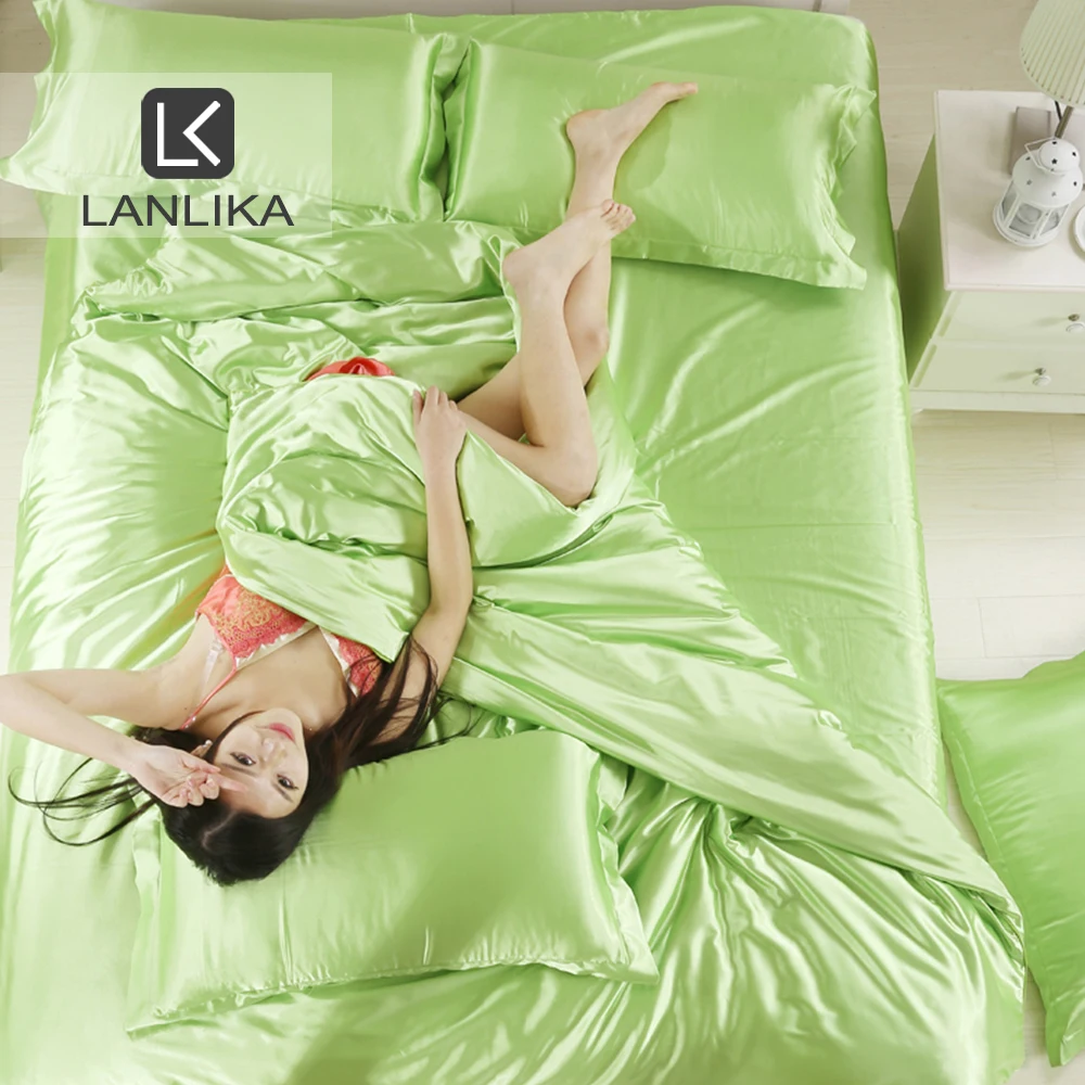 Lanlika Роскошный зеленый Шелковый атласный комплект постельного белья Мягкий