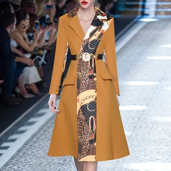 

SEQINYY Kahki Long Coat 2020 Autumn Winter New Fashion Design Women Spliced Leopard Vintage Print High Quality Belt