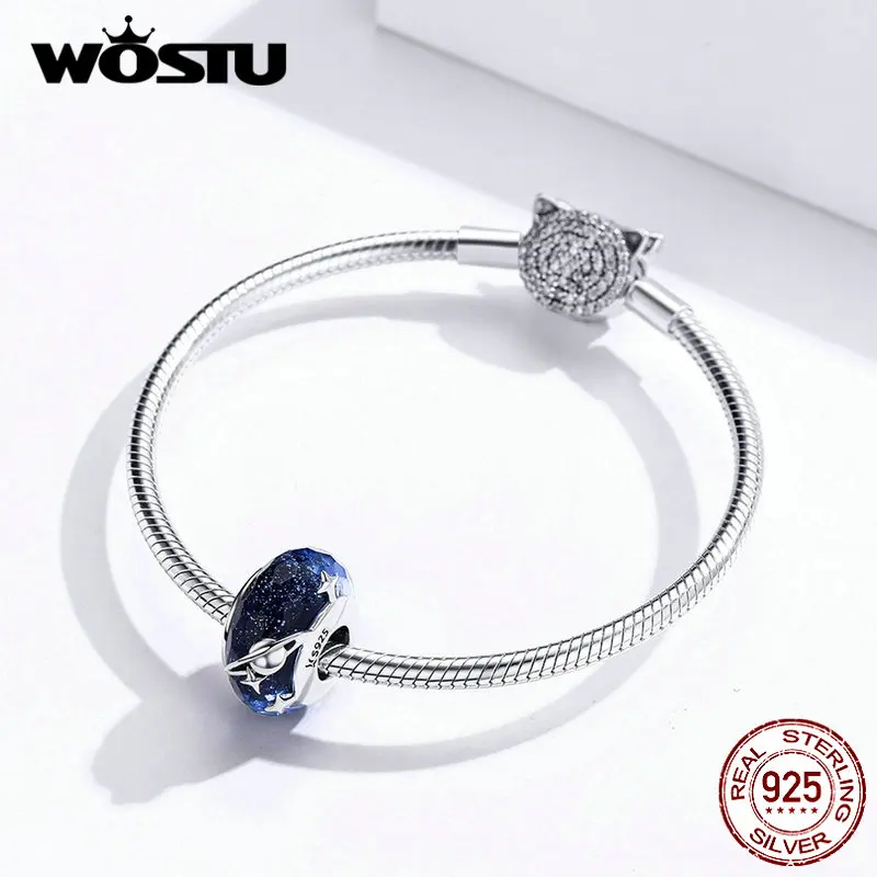 WOSTU, новинка, 925 пробы, серебряные, синие, инстерзвездные стеклянные бусы, амулеты, подходят для женщин, уникальный браслет и браслет, ювелирные изделия, подарок CQC1284
