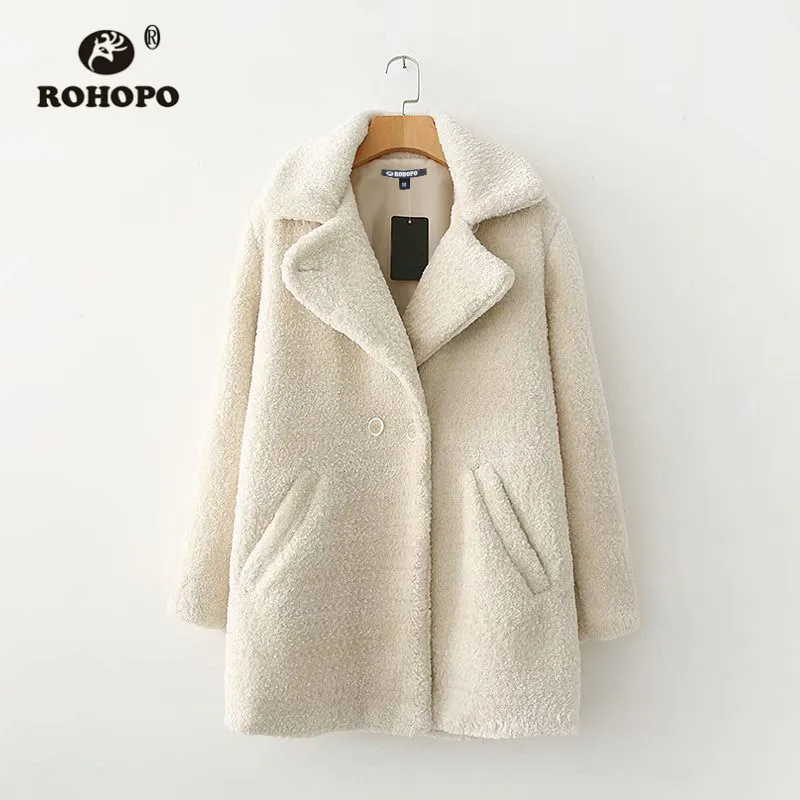 ROHOPO бежевая теплая зимняя куртка из искусственного меха, пальто с воротником с лацканами, двойная грудь, боковые карманы, сплошная шикарная прямая Верхняя одежда#2659